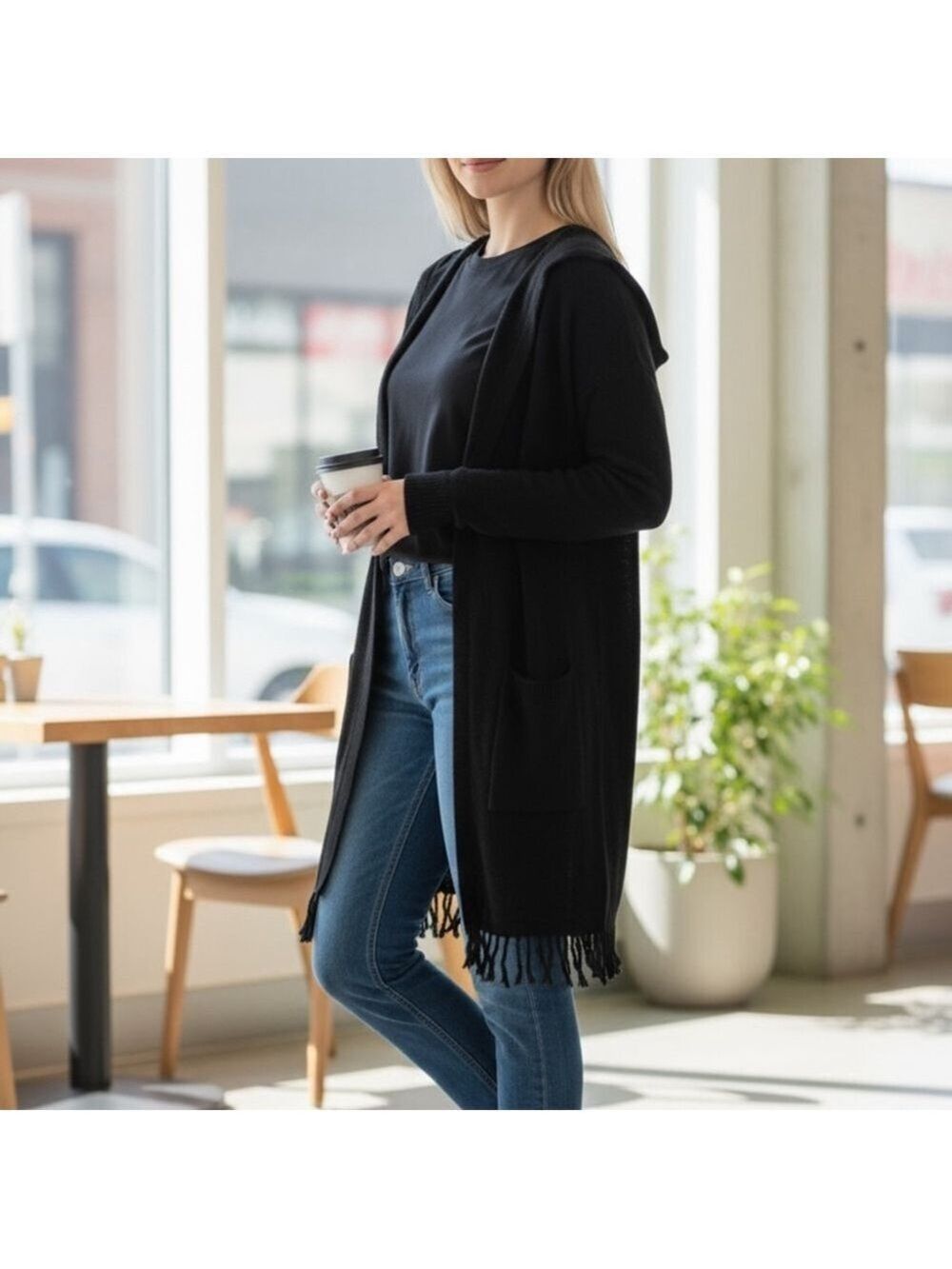 Anthropologie Joelle Black Hooded Cardigan Sweater, Size S, Pockets & Frayed Hem